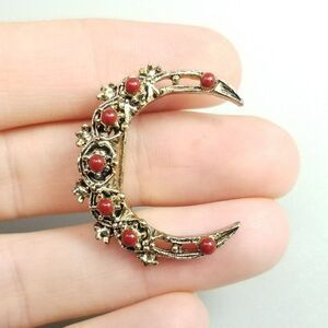 Vintage Crescent Moon Shape Brooch with Red Beads, Celestial Lapel Pin